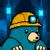 Pixel-art mole in a yellow miner's helmet with a headlamp, in a blue crystal cave