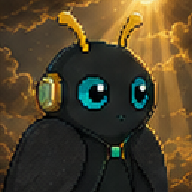 Pixel-art black moth with gold antennae and a brass headset, in golden light