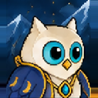 Pixel-art white owl in a blue robe with a gold amulet, under snowy peaks at night